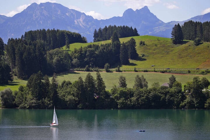 Ein Segelboot fährt vor dem Panorama der Alpen über den Forggensee. Am Sonntag das Wetter in Bayern nochmal schön sommerlich werden.