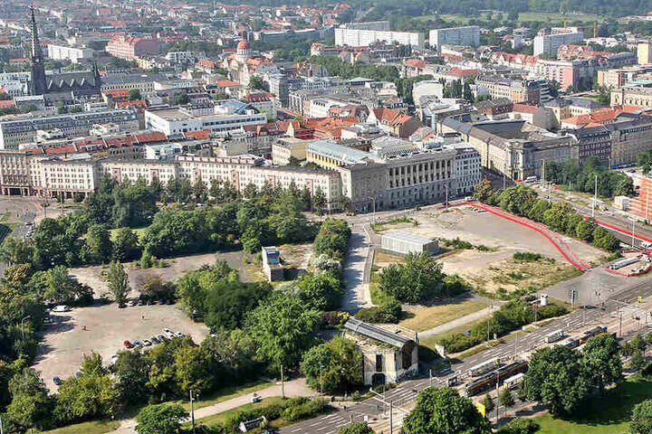 Zuletzt hatten mitunter Streitigkeiten um den Standort eines Denkmal zum Aus des Projekts geführt. Der Entwurf von 2014 war für den Wilhelm-Leuschner-Platz (hier rot eingerahmt) vorgesehen.