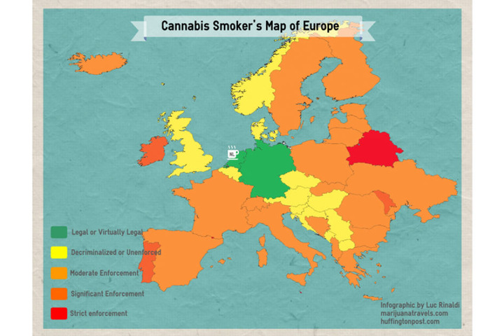 Diese Karte zeigt wo in Europa der Cannabis-Konsum legal oder illegal ist.