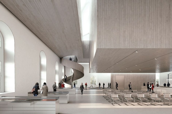 Der Siegerentwurf in der Visualisierung, rechts oben der Betonkubus für das Archiv. Das Büro Nieto Sobejano Arquitectos setzte sich damit gegen 102 Konkurrenten durch.