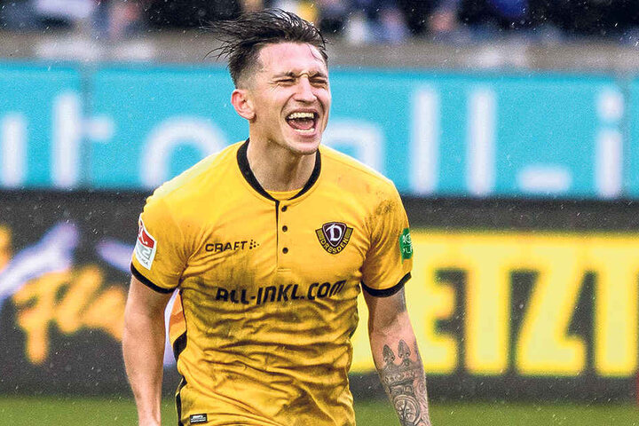 Baris Atik schreit jubelnd seine Freude über den Treffer in Duisburg heraus. Es war sein bisher bester Auftritt für Dynamo.