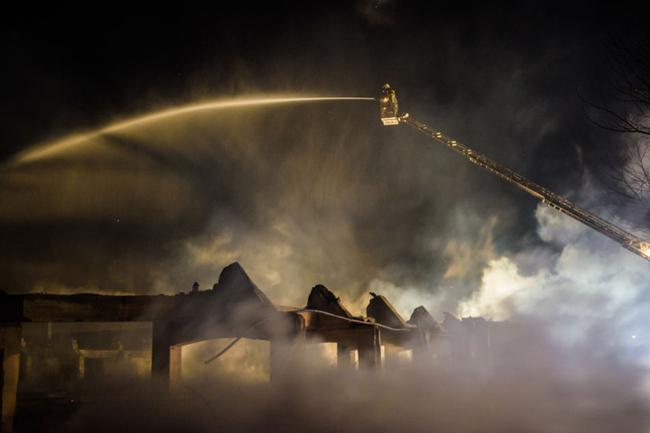 Feuerwehrleute im Einsatz - die Viehauktionshalle brennt am 22.04.2015 in Weimar (Thüringen).