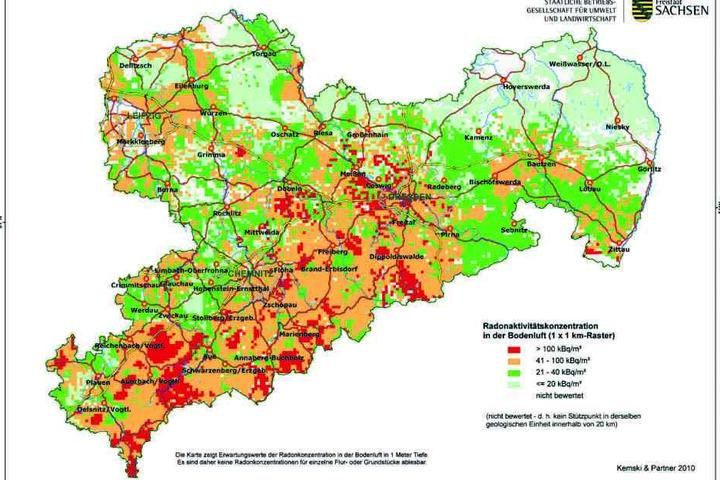 Die regionale Belastung durch Radon wurde in Sachsen bereits detailliert erfasst. Besonders im Vogtland, im Erzgebirge und im Raum Dresden wird das Edelgas zum Problem.