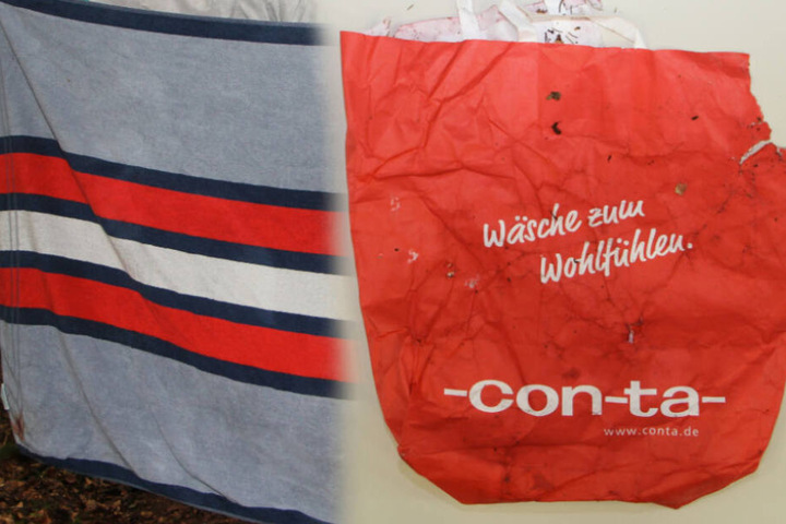 In diesem Handtuch und in dieser Plastiktüte war Joris in einem Waldstück gefunden worden.