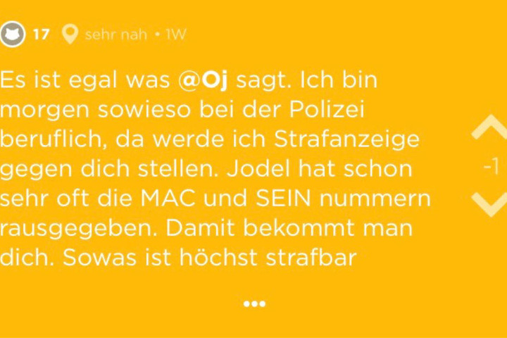 Ein User droht der ehemaligen Zahnarzthelferin.