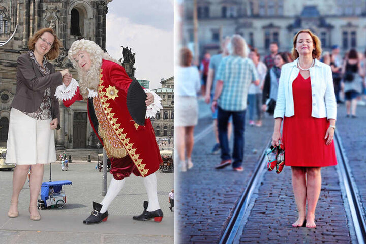 Links: Rückblick ins Jahr 2009: Bettina Bunge mit August dem Starken alias Steffen Urban. Rechts: Mit Leib und Seele warb Bettina Bunge (49) seit 2009 als Marketing-Chefin für Dresden.