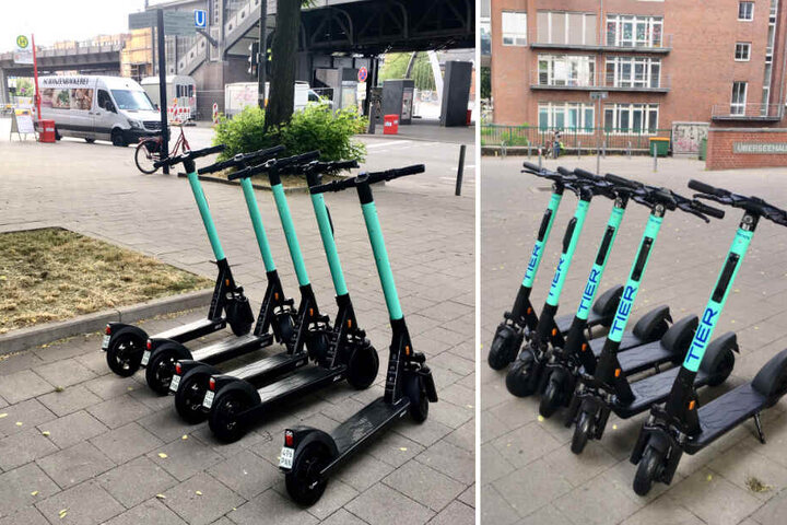 Elektro-Scooter in Hamburg gesichtet: Die E-Tretroller von Tier stehen an verschiedenen Ecken zwischen der Speicherstadt und den Landungsbrücken.