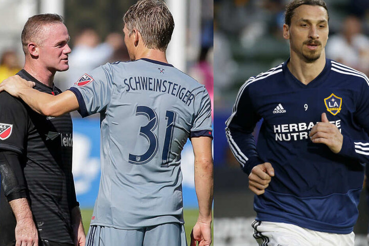Auf diese Stars trifft der Berliner nun. Links Manchester United-Legende Wayne Rooney, mittig Weltmeister Bastian Schweinsteiger und rechts, Weltstar Zlatan Ibrahimovic. (Bildmontage)