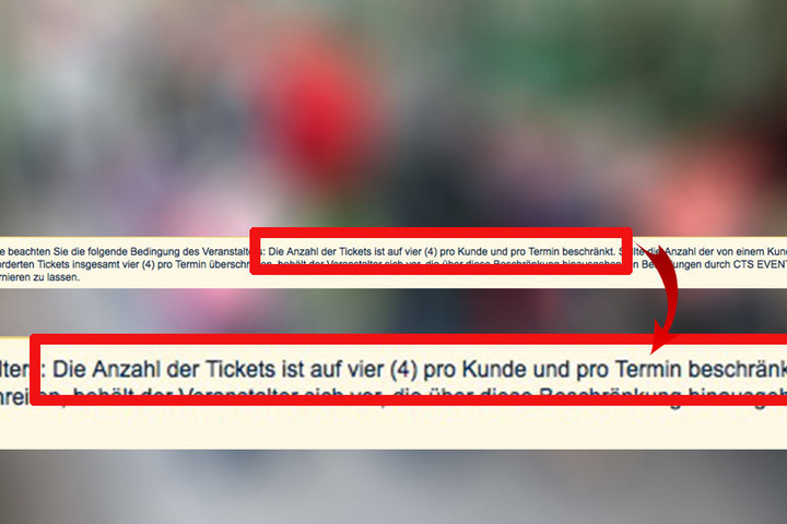 Hier steht es genau: Vier Tickets pro Veranstaltung, also im Ernstfall 16 Tickets gesamt pro Kunde.