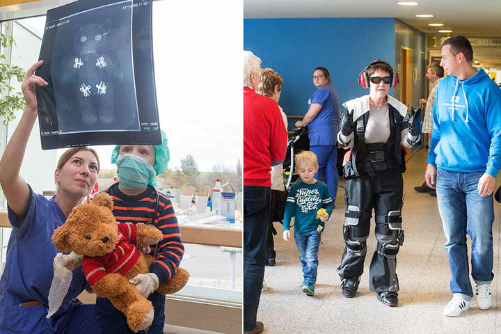 links: Den
Teddy "durchleuchtet":
David (5)
staunt
über
das
Innenleben
seines
Plüschbegleiters. Auf dem Bild rechts testet Evelin Radlböck (60) den Alterssimulationsanzug der TU Chemnitz. Danny Rüffert steht ihr dabei zur Seite.