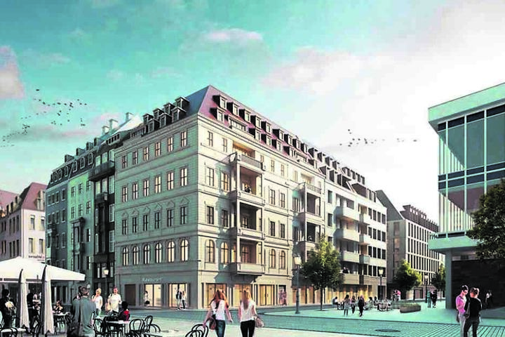 So soll das Quartier einmal aussehen. Hier ein Blick von der Schloßstraße. Rechts die Ecke gehört zum Kulturpalast.