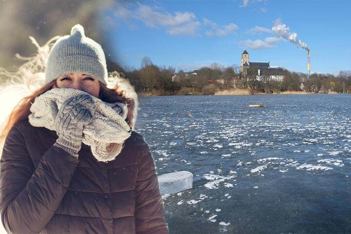 Minusgrade in Chemnitz: Die Sonne scheint - aber der Schlossteich ist mit einer dicken Eisschicht überzogen.