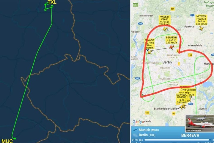 Über Berlin flog der Pilot eine Ehrenrunde in Form eines Herzens.
