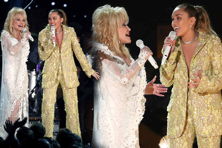 Mit ihrer Patentante Dolly Parton (li.) sang Miley Cyrus den Song "Jolene".