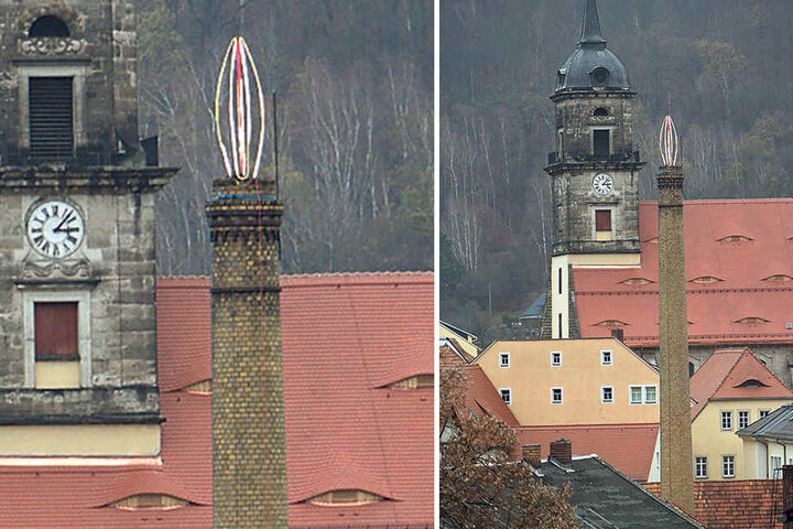 Dieser befindet sich am Schlund des Schornsteins vor der Evangelischen Stadtkirche.
