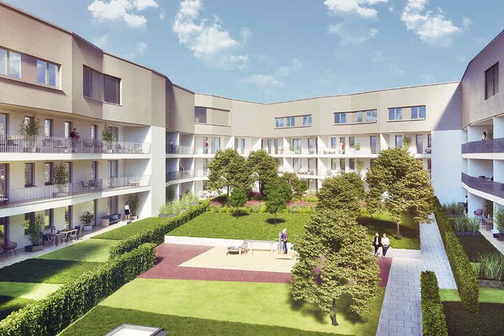 Etwa 68 Wohnungen kommen in das Gebäude. Sie erhalten einen begrünten Innenhof.