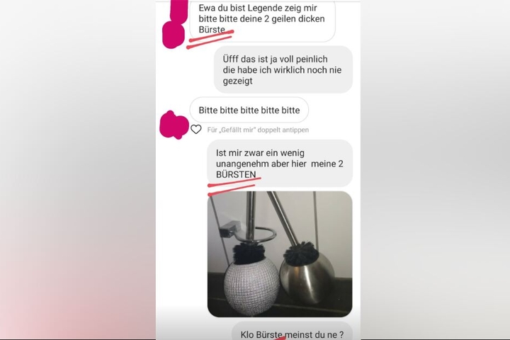 Der Screenshot zeigt den Chat-Verlauf mit der vulgären Fan-Frage sowie Ewas schlagfertige Reaktion.