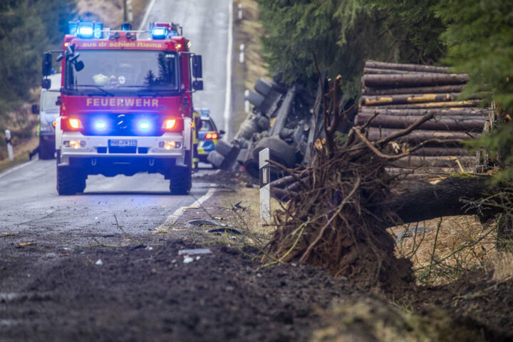 Erst entwurzelte der Lkw-Fahrer einen Baum, krachte anschließend gegen den Holzstapel (im Hintergrund) und kippte schlussendlich um.