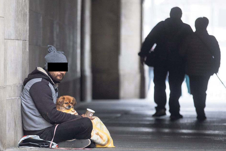 Dieser Mann bekam einen niedlichen Hund an die Seite gesetzt, sollte so mehr Mitleid erregen.