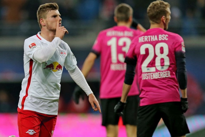 Timo Werner jubelt im Hinspiel gegen Hertha. Damals gewannen die Leipziger mit 2:0.