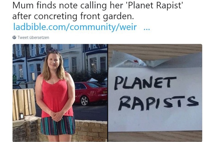 "Planet Rapists" - "Planeten-Vergewaltiger", stand auf dem Zettel.