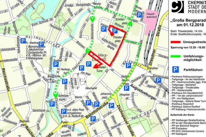 Übersichtsplan zur Bergparade am Samstag in Chemnitz.
