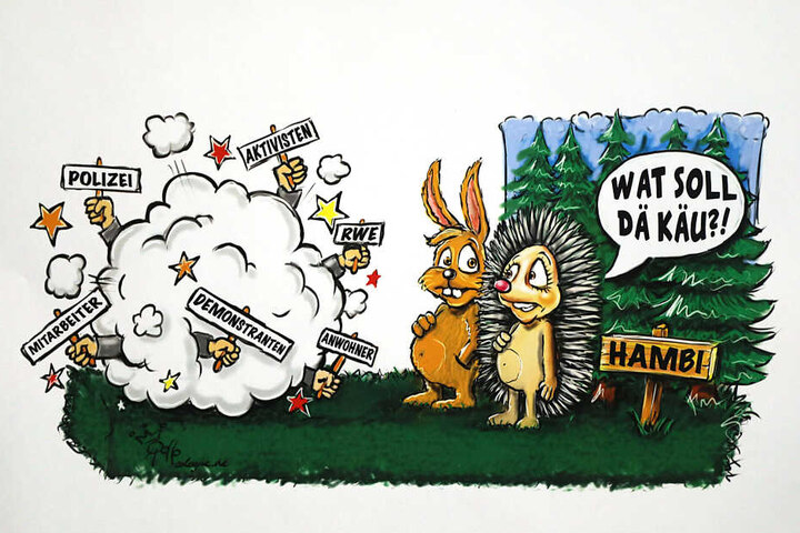 Die Reproduktion einer Zeichnung des Kölner Karikaturisten Rollo zeigt den an das Märchen "Der Hase und der Igel" angelehnten Entwurf für einen Motivwagen zum Thema Hambacher Forst.