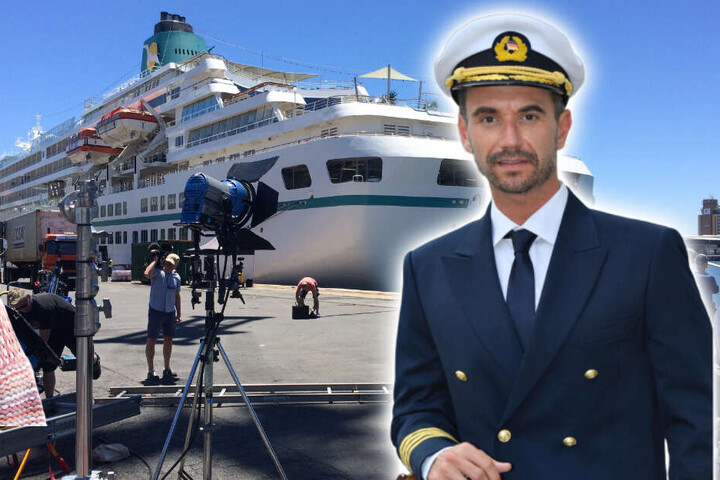 Florian Silbereisen in seiner Rolle als Kapitän. Der 37 Jahre alte Showmaster und Schlagerstar stand hier zum ersten Mal als Kapitän Parger, der auf dem ZDF-"Traumschiff" das Kommando führt, vor der Kamera. (Bildmontage)