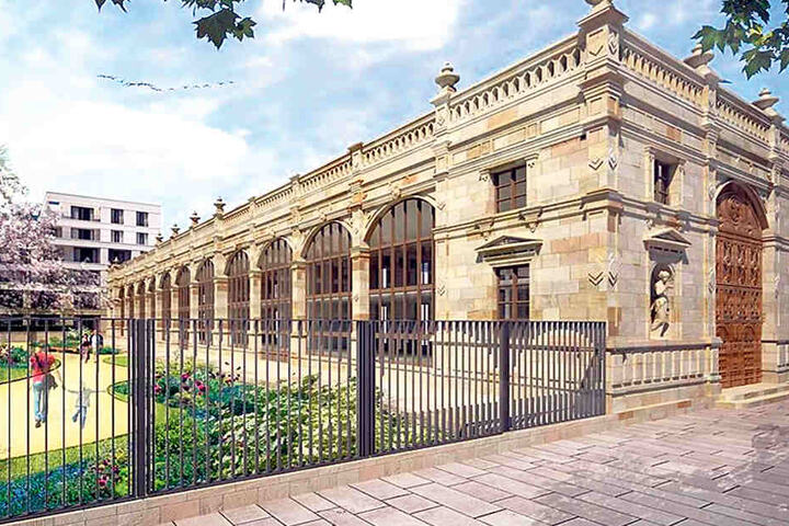 Die bisherigen Pläne für den Wiederaufbau der Orangerie An der Herzogin Garten. Im Vergleich zum Original wird der Bau kürzer. Links der künftige Park.