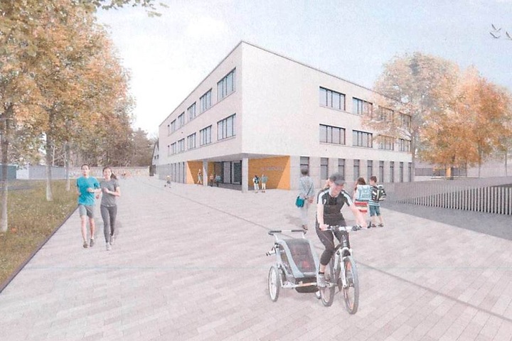 Um die geplante Fassade der 148. Grundschule in der Dresdner Neustadt gab es
Streit. Jetzt wird sie angepasst.