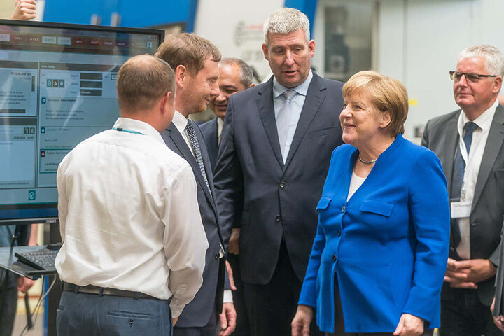 Angela Merkel und Michael Kretschmer im Siemens-Turbinenwerk in Görlitz.