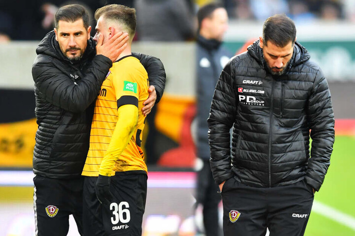 Cristian Fiel (l.) tröstet Max Kulke (M.) - das sah schon ein bisschen wie Abschied aus.Der Kopf geht runter: "Fielo" wird über persönliche Konsequenzen nachdenken.
