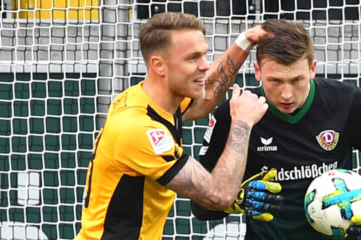 Zuverlässige Größen in der Dynamo-Abwehr: Marcel Franke (l.) und Torhüter Markus Schubert.