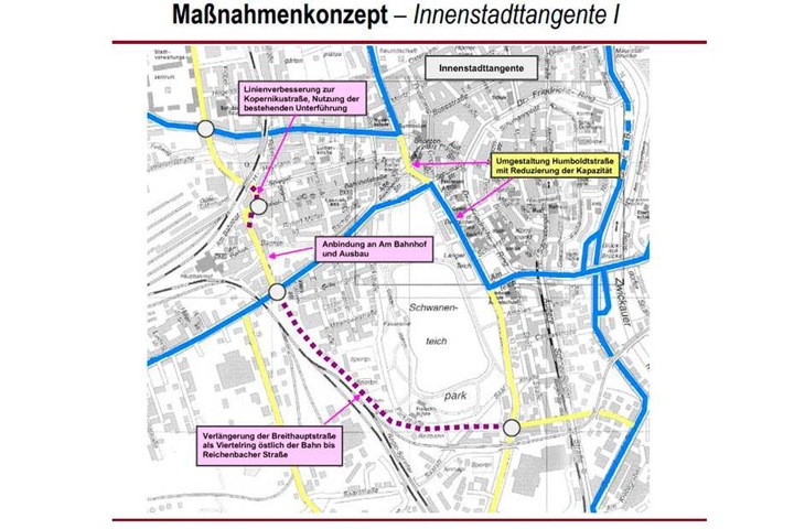 Zwickaus City soll durch den Bau einer westlichen Innenstadt-Tangente vor allem vom
Schwerlastverkehr befreit werden.