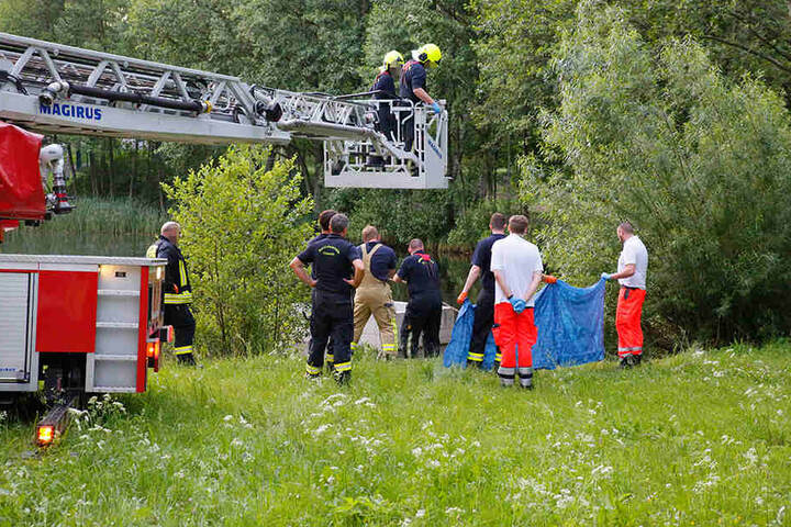 Feuerwehr und Rettungsdienst barg die Person aus dem Teich.