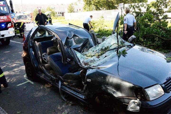 Besonders schwer traf es zwei Auto-Insassen in Harsewinkel. Während der Fahrt fiel eine dicke Eiche auf das Dach des Polo.