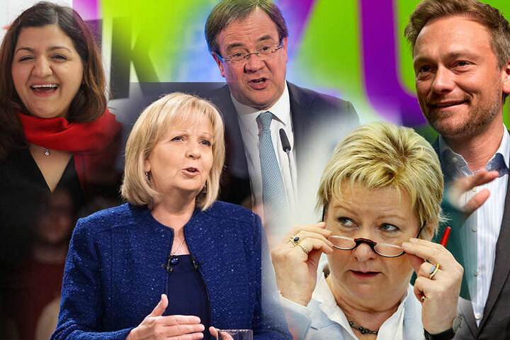 Die Spitzenkandidaten für die Landtagswahlen in NRW: Özlem Alev Demirel (Linke), Hannelore Kraft (SPD), Armin Laschet (CDU), Sylvia Löhrmann (Grüne), Christian Lindner (FDP).