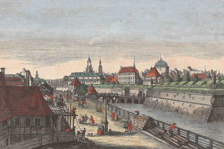So sah's vor 270 Jahren aus: Ansicht vom Wilsdruffer Tor um 1750 (heute Postplatz), einem der Haupttore der Dresdner Befestigungsanlage mit den Stadtmauern.