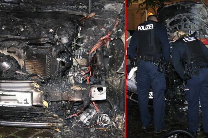 Die Polizei inspiziert den abgebrannten Mercedes in Neukölln.