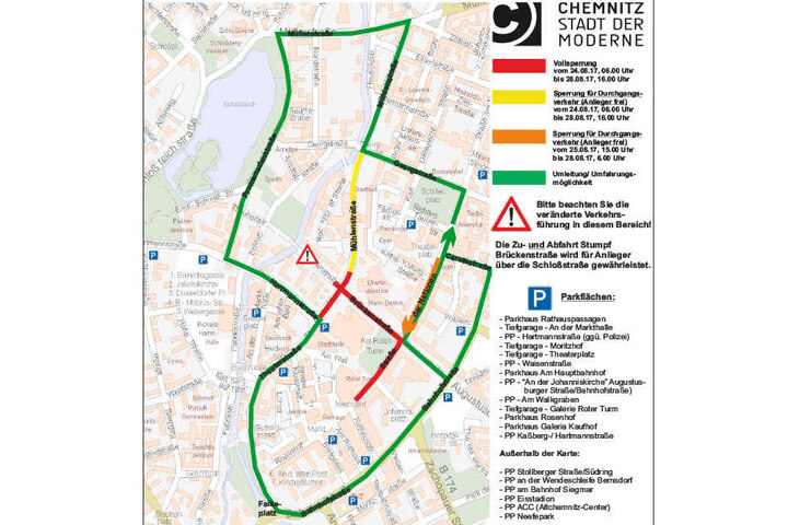 Übersichtsplan über die Parkmöglichkeiten zum Stadtfest Chemnitz.