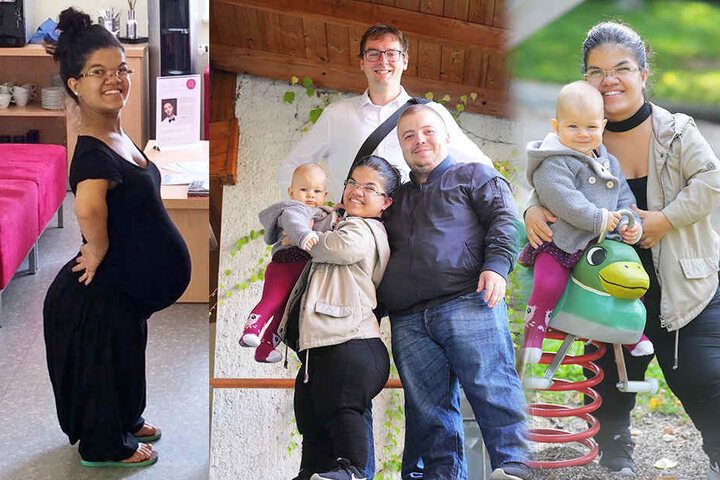 Carmen während der Schwangerschaft (links), die Familie mit TAG24-Redakteur Hermann Tydecks (Mitte) und Carmen mit ihrer Maya auf dem Spielplatz (re.).
