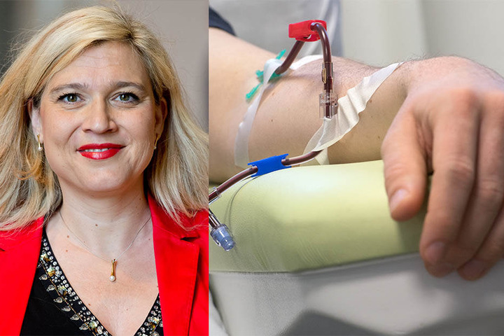 Gesundheitsministerin Melanie Huml (CSU) wirbt für die Stammzellspende (re.).