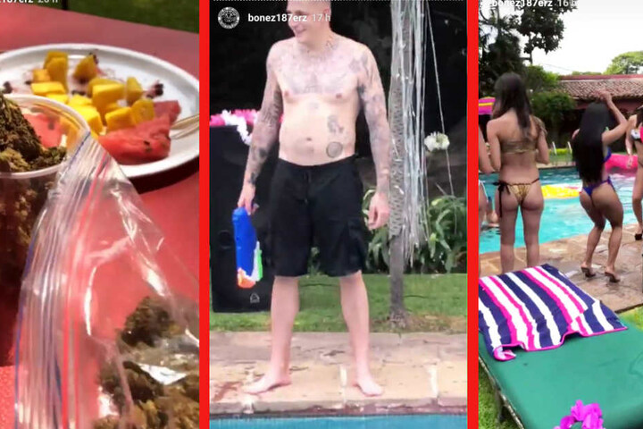 Weed auf dem Tisch, Gzuz am Pool und leichtbekleidete Frauen tanzen zur Musik.