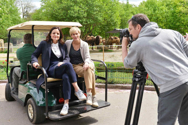 Mit Statisten im Hintergrund: Gesine Cukrowski (50) und Elisabeth Lanz (47) beim Dreh einer Folge von "Tierärztin Dr. Mertens".