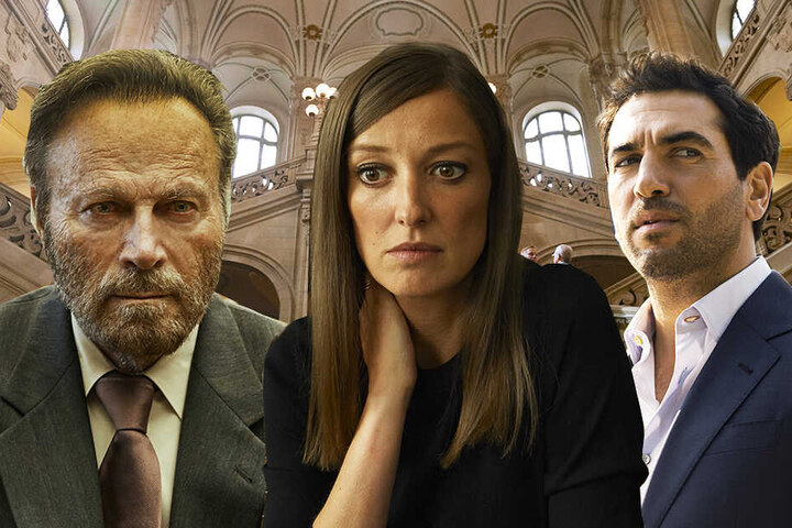 Ihre Schicksale sind eng miteinander verwoben: Caspar Leinen (r., Elyas M'Barek), Johanna Meyer (M., Alexandra Maria Lara) und Fabrizio Collini (Franco Nero). (Bildmontage)