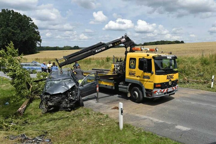 Der Wagen rammte mehrere kleinere Bäume, ehe er zum stehen kam.