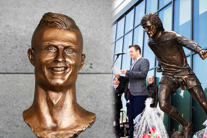 "Noch schlechter als Ronaldos" Büste nennen Fans die George-Best-Statue. (Bildmontage)