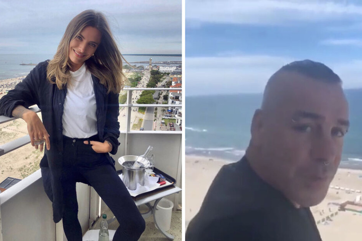 Zum Vergleich: Sophia Thomalla (l.) und Till Lindemann (r.) auf dem Balkon des Hotels in Warnemünde. (Bildmontage)