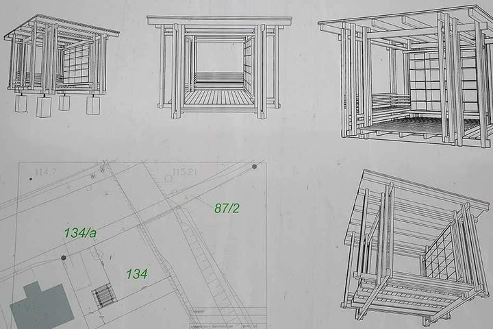 So soll der hölzerne Pavillon (circa vier Quadratmeter) mit Bücherschrank und Sitzecke aussehen.