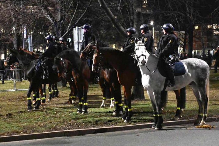 Auch berittene Polizisten sind vor Ort.
